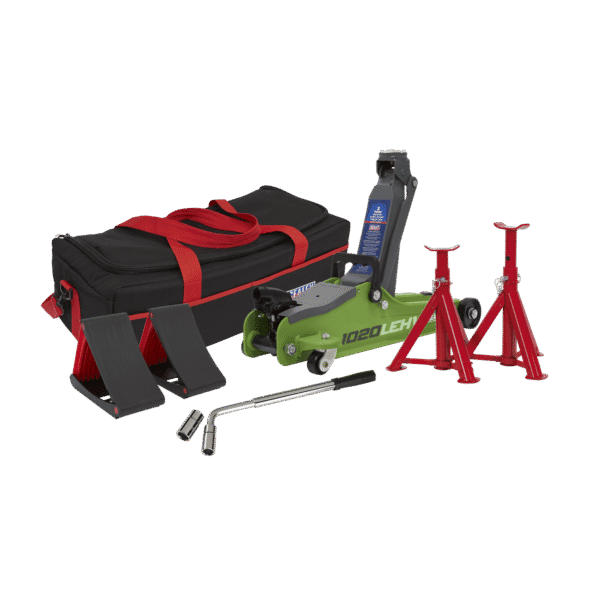 Low Entry Short Chassis Trolley Jack & Accessories Bag Combo, 2 Tonne - Green