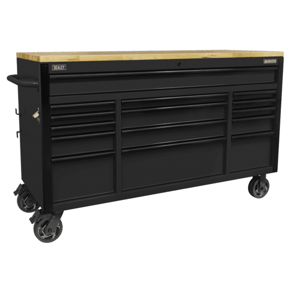 Superline PRO® Black Edition Mobile Trolley with Wooden Worktop 15 Drawer 1549mm
