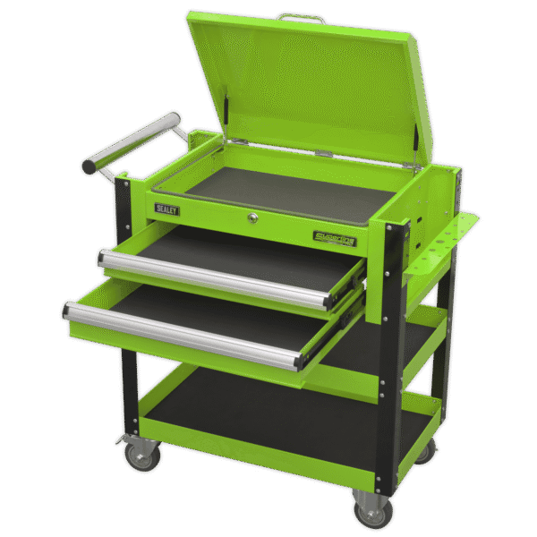 Superline PRO® Heavy-Duty Mobile Tool & Parts Trolley with Lockable Top & 2 Drawers - Green