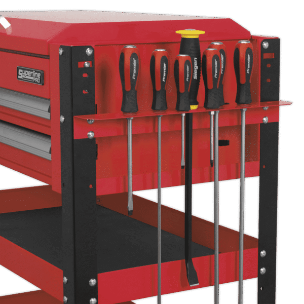 Superline PRO® Heavy-Duty Mobile Tool & Parts Trolley with Lockable Top & 2 Drawers - Red