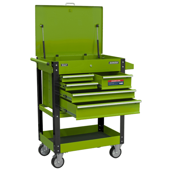 Superline PRO® Heavy-Duty Mobile Tool & Parts Trolley with 5 Drawers and Lockable Top - Hi-Vis Green