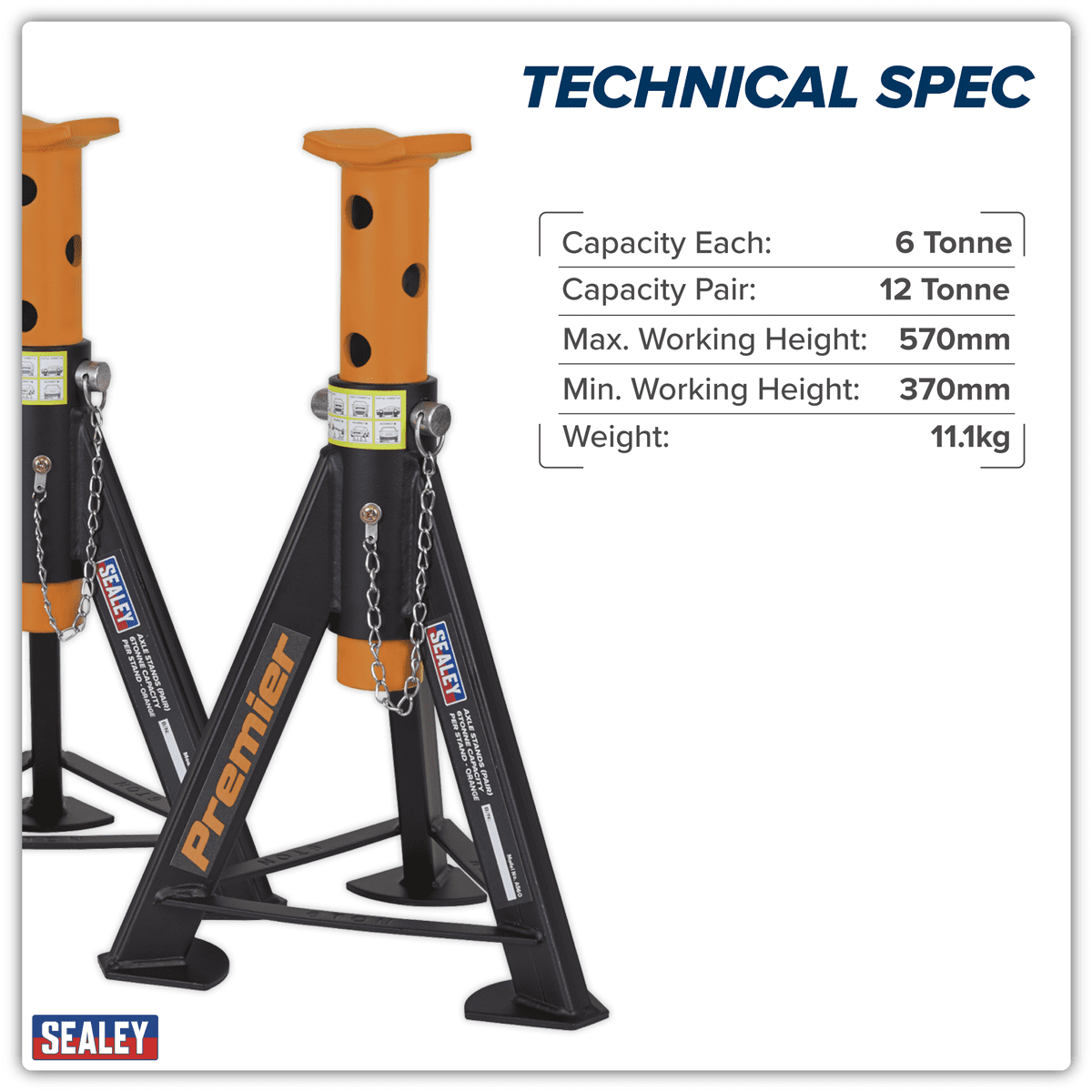 Premier Axle Stands (Pair) 6 Tonne Capacity per Stand - Orange - Image 5