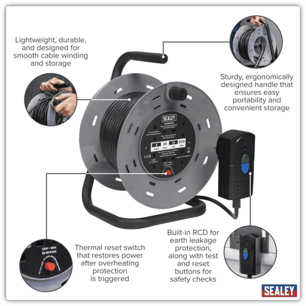 25m Cable Reel with Thermal Trip & RCD Plug 4 x 230V