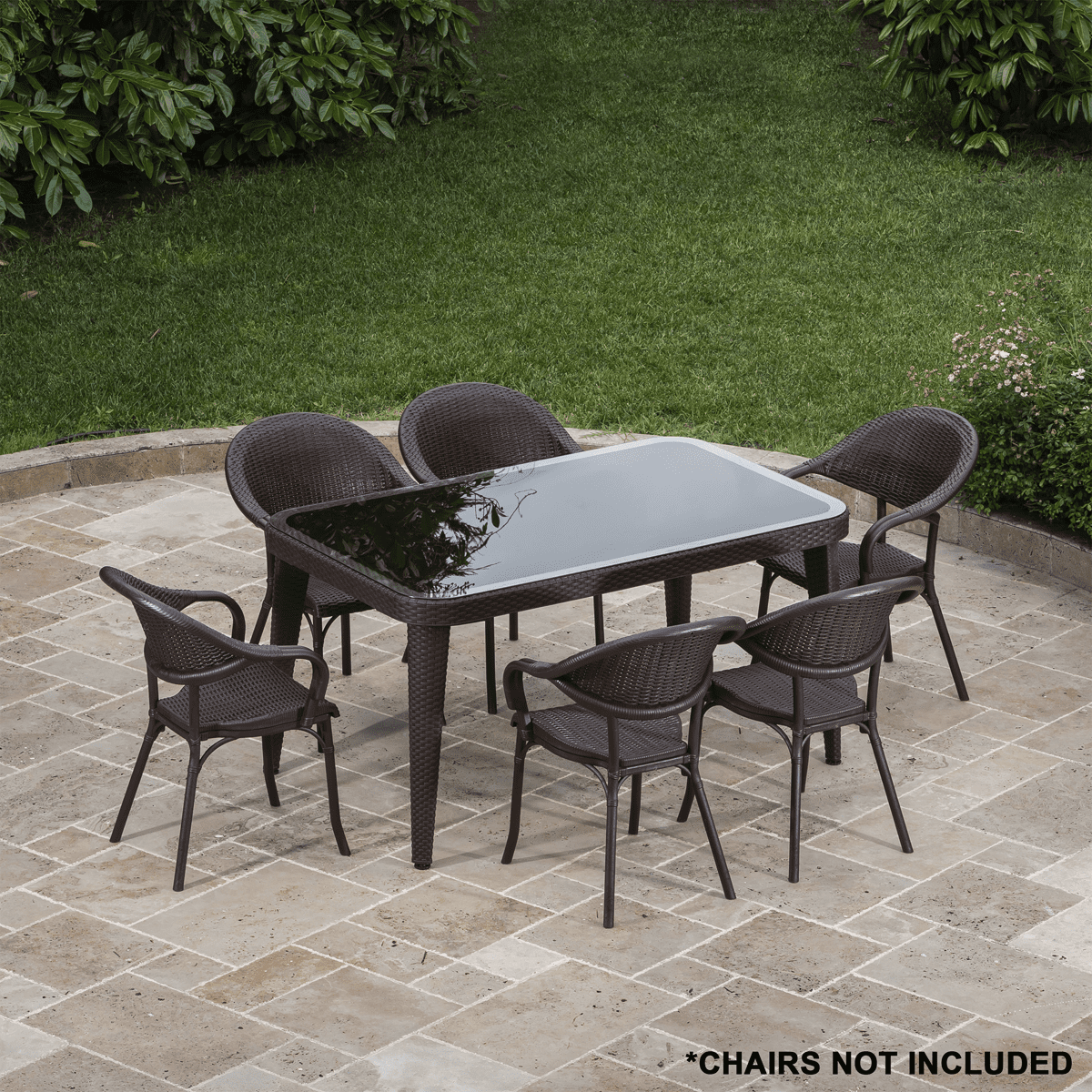 Dellonda Weather-Resistant Polypropylene/Fibreglass Dining Table with Tempered Glass Top - Dark Brown - Image 5