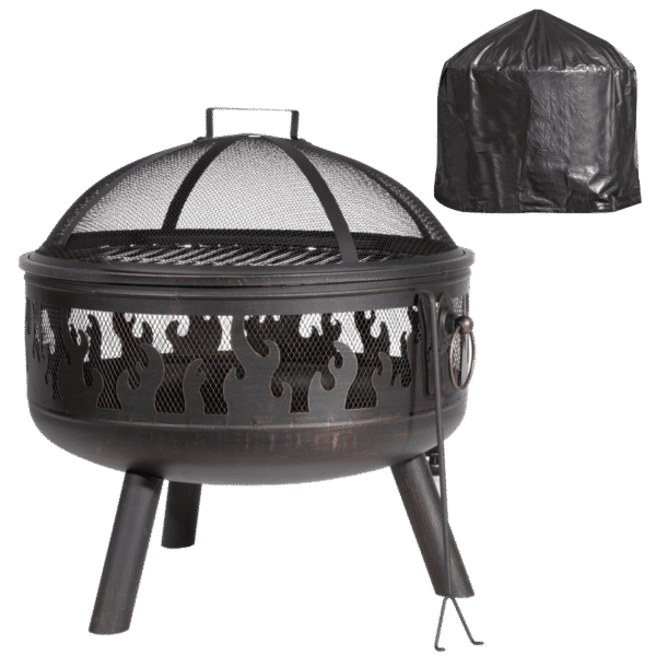 Dellonda Deluxe 24" Fire Pit, Fireplace, Outdoor Patio Heater, Decoration Rings, Supplied with Cooking Grill, Safety Screen, Poker & Cover