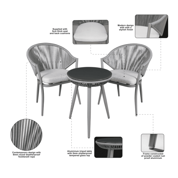 Dellonda Echo Aluminium Balcony Set with Tempered Glass Tabletop 3pc