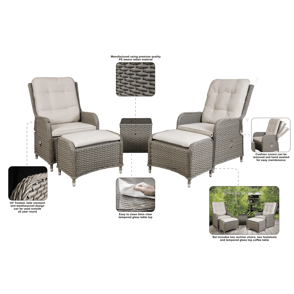 Dellonda Chester Rattan Wicker Outdoor Recliner Loungers & Table Set 5pc - Image 9