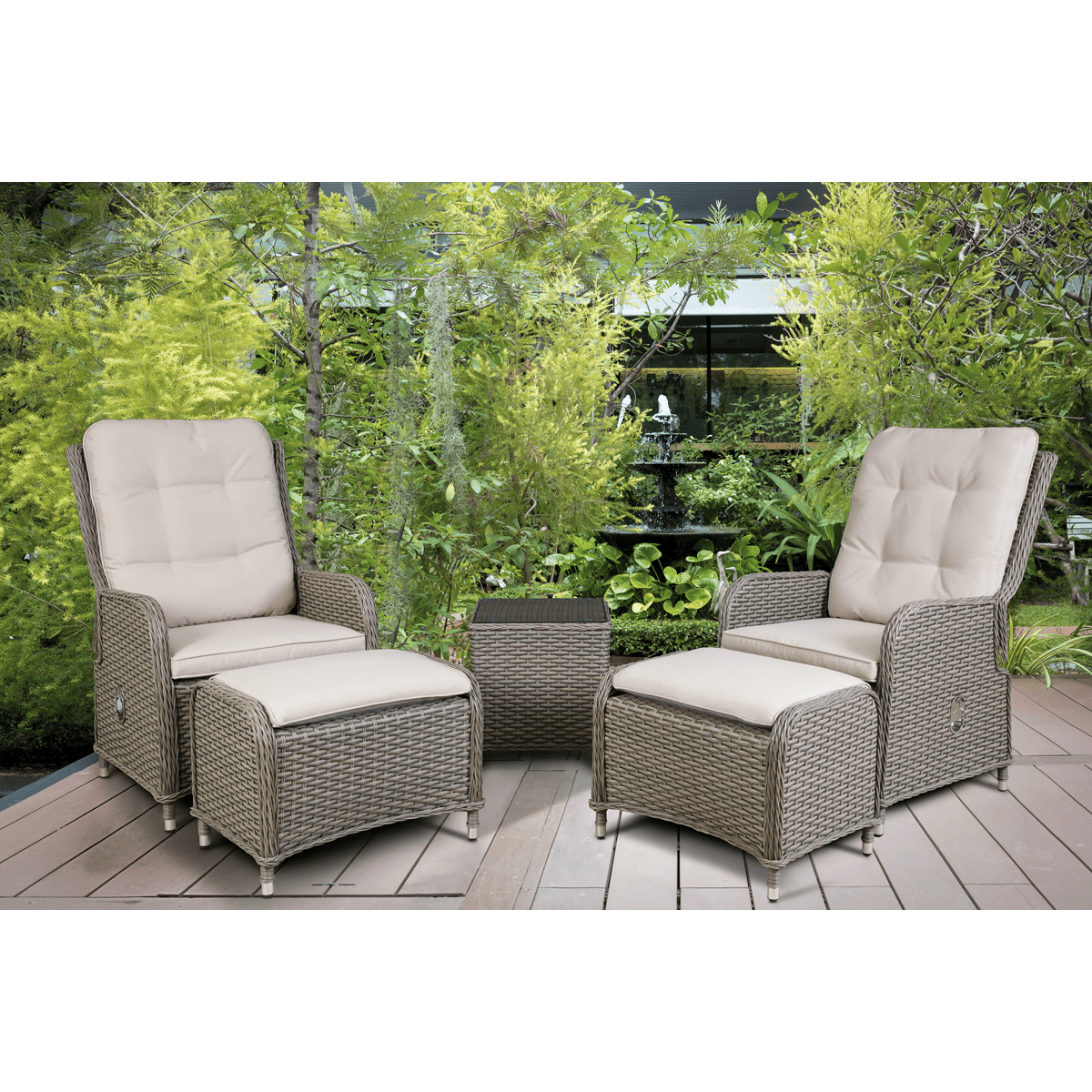 Dellonda Chester Rattan Wicker Outdoor Recliner Loungers & Table Set 5pc - Image 2