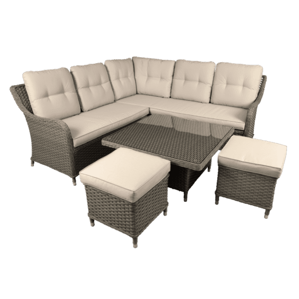 Dellonda Chester Rattan Wicker Outdoor 5-Seater Corner Sofa, Adjustable Table & Footstools Set 5pc