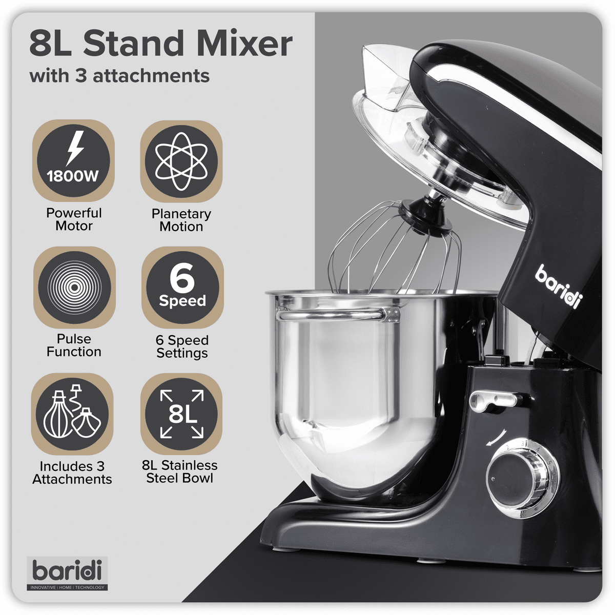Baridi 1800W Stand Mixer with Accessories 8L - Black - Image 16