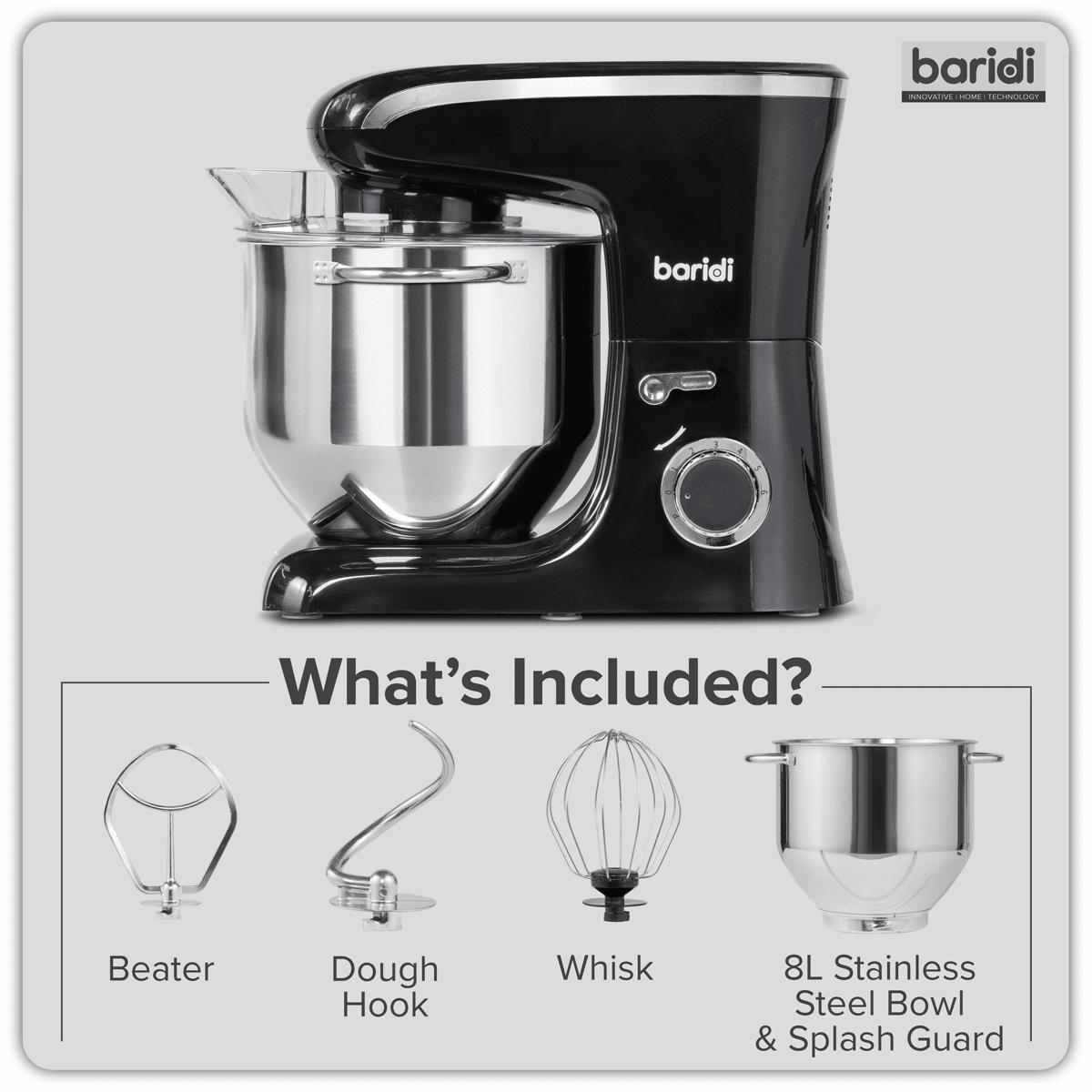 Baridi 1800W Stand Mixer with Accessories 8L - Black - Image 13