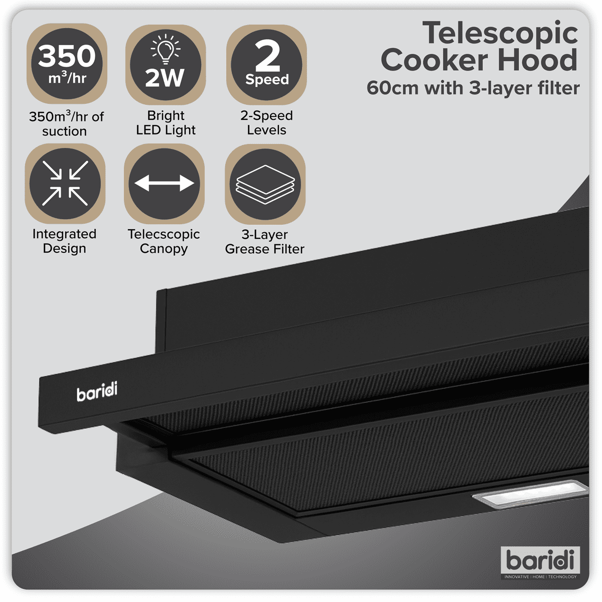 Baridi Telescopic Cooker Hood with Aluminium Filters 60cm - Black - Image 6