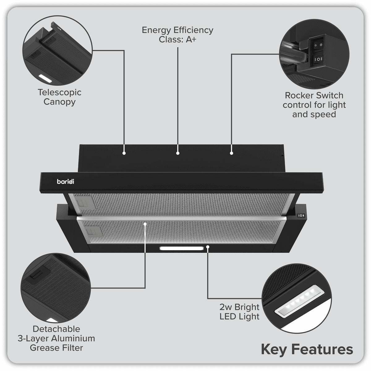Baridi Telescopic Cooker Hood with Aluminium Filters 60cm - Black - Image 7