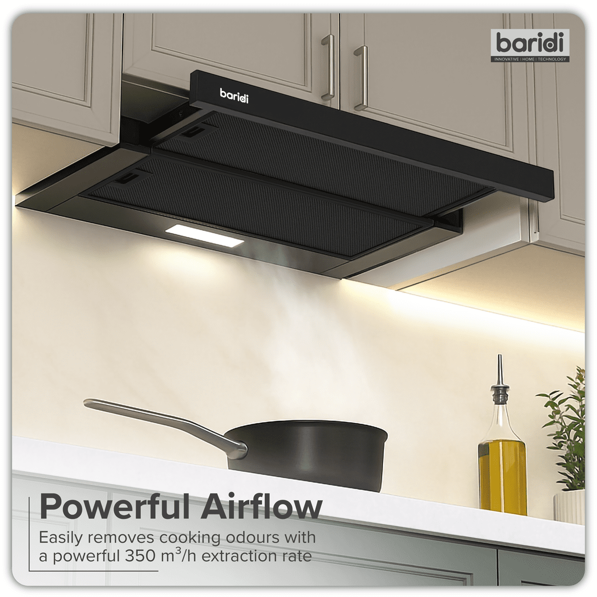 Baridi Telescopic Cooker Hood with Aluminium Filters 60cm - Black - Image 9