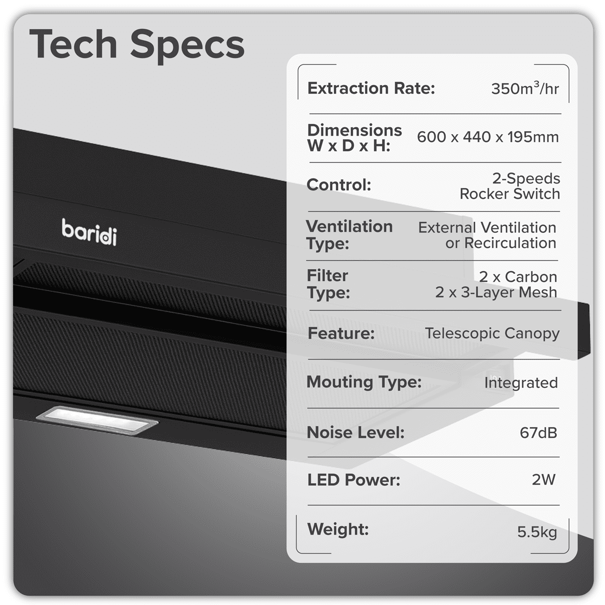Baridi Telescopic Cooker Hood with Aluminium Filters 60cm - Black - Image 12