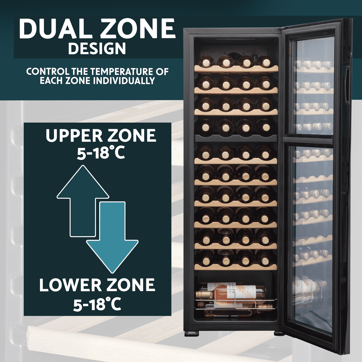 Baridi 44 Bottle Dual Zone Wine Fridge with Digital Touchscreen Controls, Beech Wood Shelves & LED Light - Black - Image 10