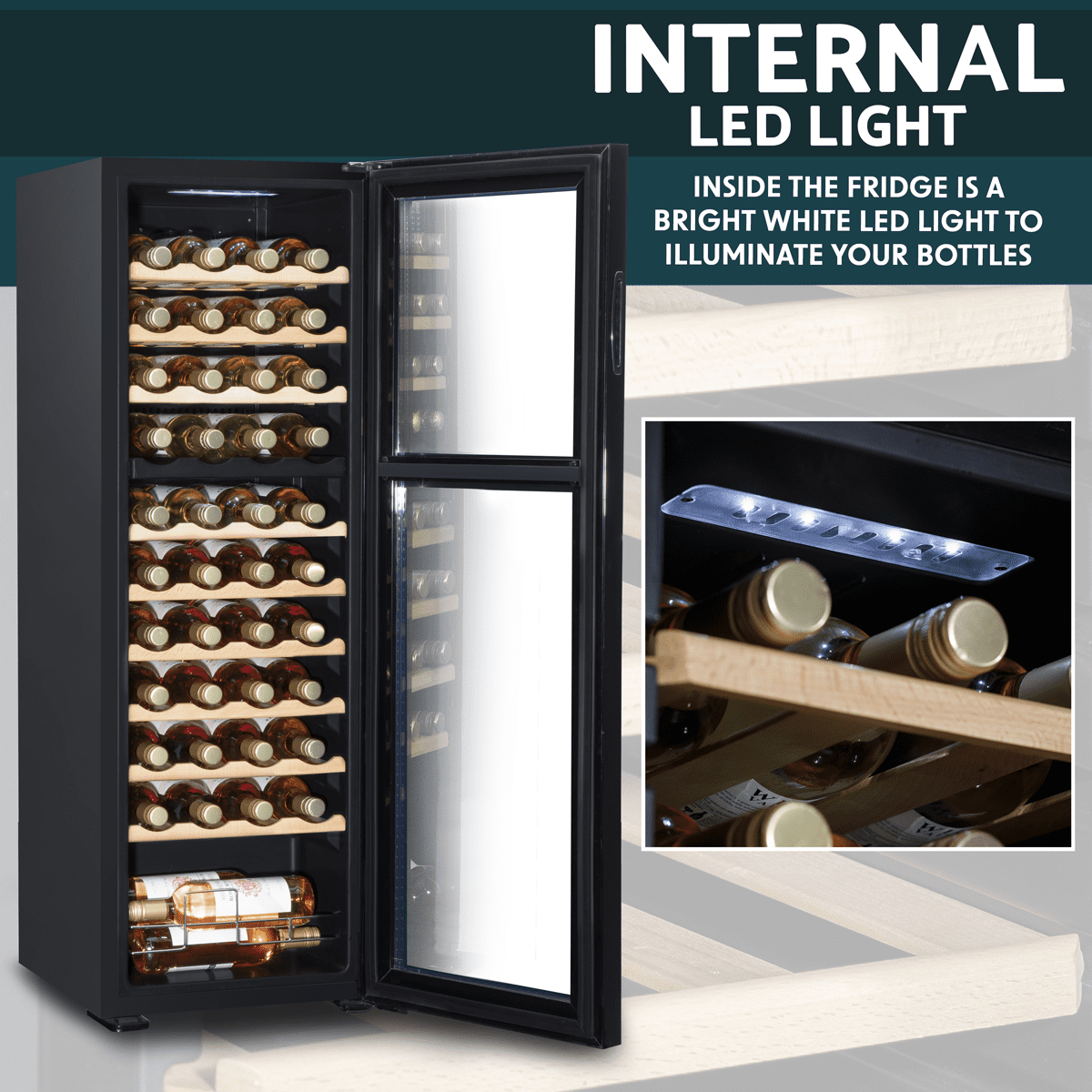 Baridi 44 Bottle Dual Zone Wine Fridge with Digital Touchscreen Controls, Beech Wood Shelves & LED Light - Black - Image 11