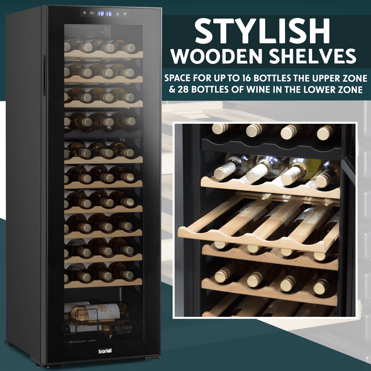 Baridi 44 Bottle Dual Zone Wine Fridge with Digital Touchscreen Controls, Beech Wood Shelves & LED Light - Black - Image 13