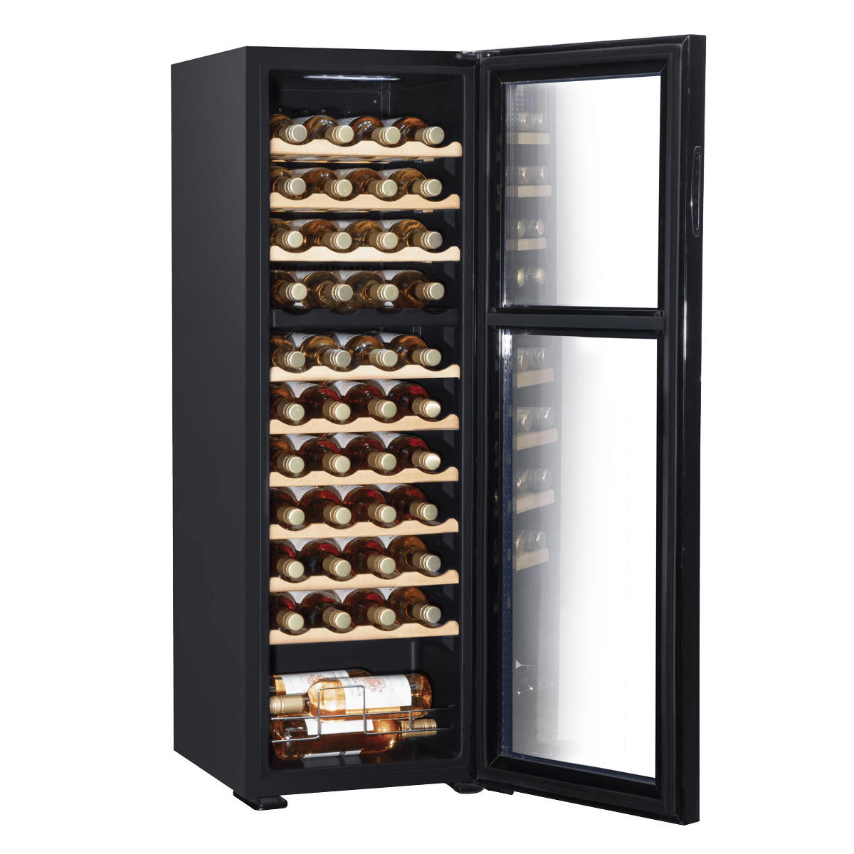 Baridi 44 Bottle Dual Zone Wine Fridge with Digital Touchscreen Controls, Beech Wood Shelves & LED Light - Black - Image 9
