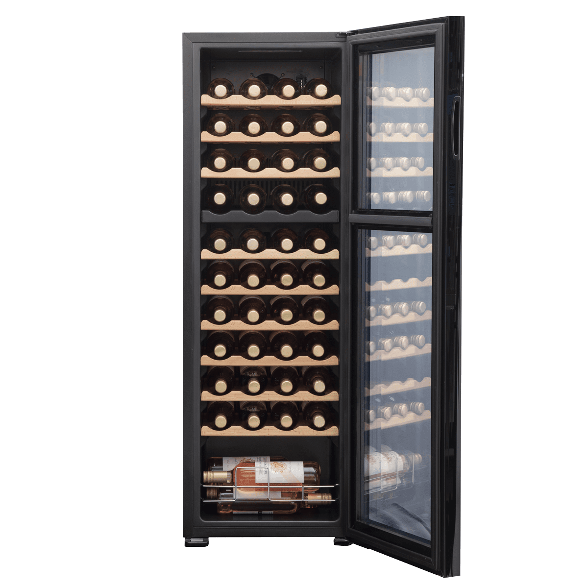 Baridi 44 Bottle Dual Zone Wine Fridge with Digital Touchscreen Controls, Beech Wood Shelves & LED Light - Black - Image 5
