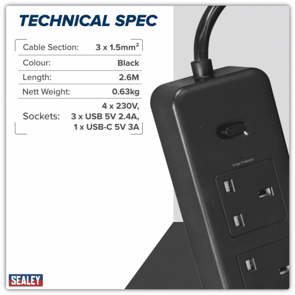 2.6m Extension Lead with USB Ports - Black
