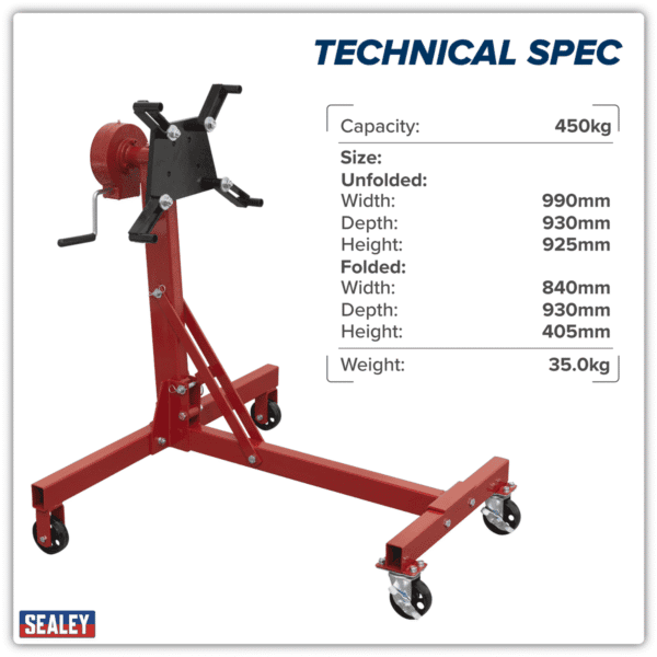 Folding 360º Rotating Engine Stand with Geared Handle Drive 450kg Capacity