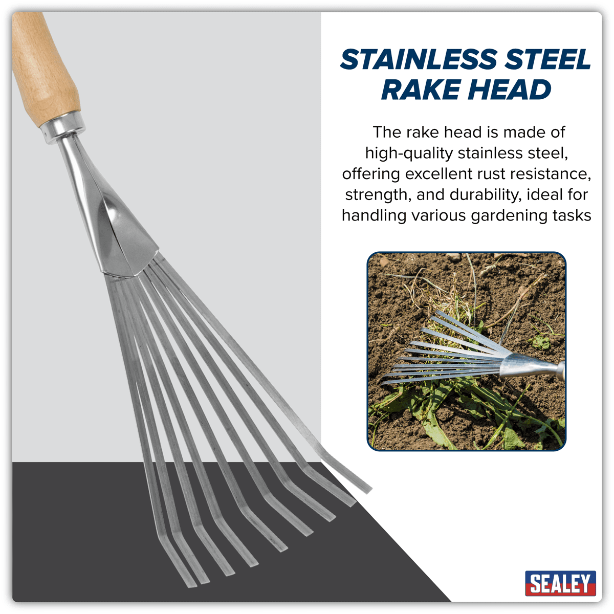Premier Leaf Hand Rake with Ash Handle & Stainless Steel Tines - Image 5