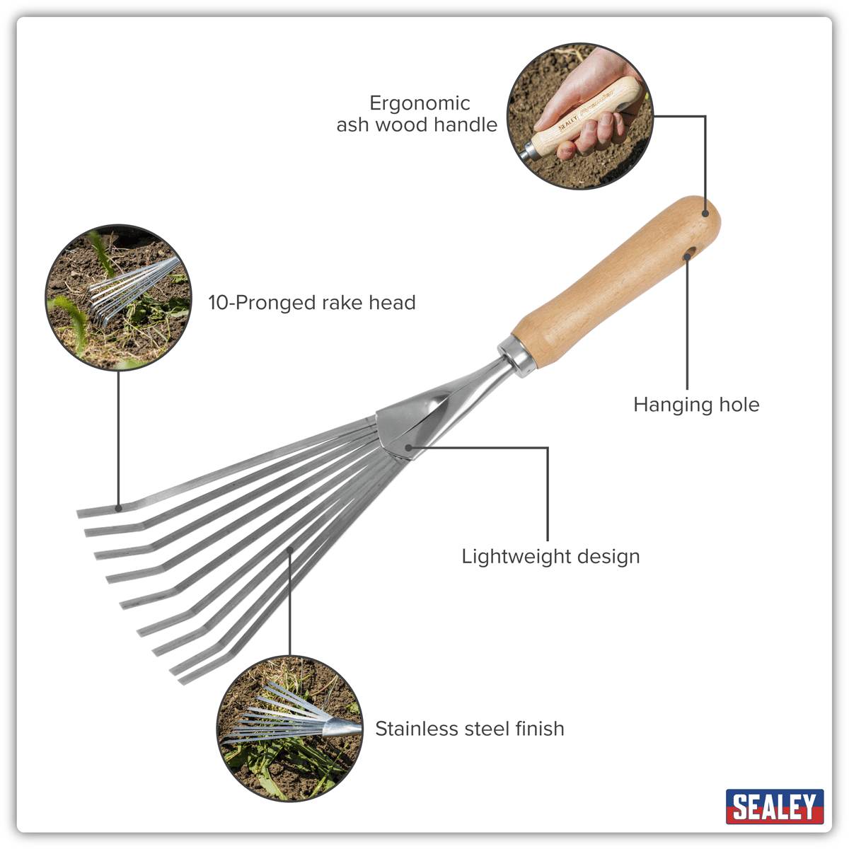 Premier Leaf Hand Rake with Ash Handle & Stainless Steel Tines - Image 6