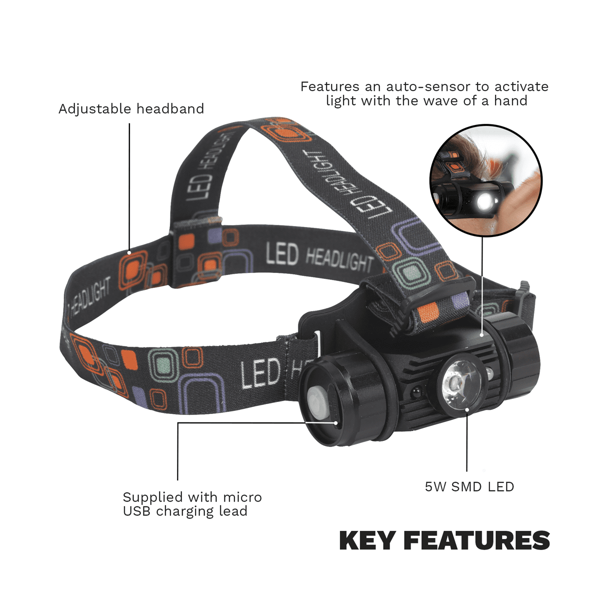 Rechargeable Head Torch with Auto-Sensor 5W SMD LED - Image 2