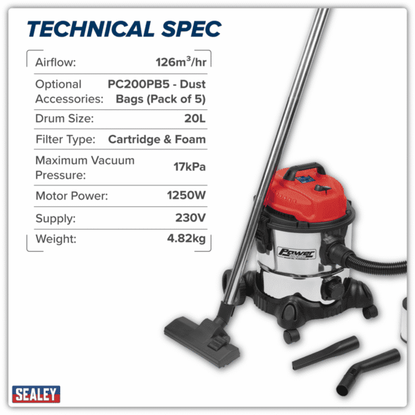 20L Vacuum Cleaner Wet & Dry Stainless Drum 1250W/230V