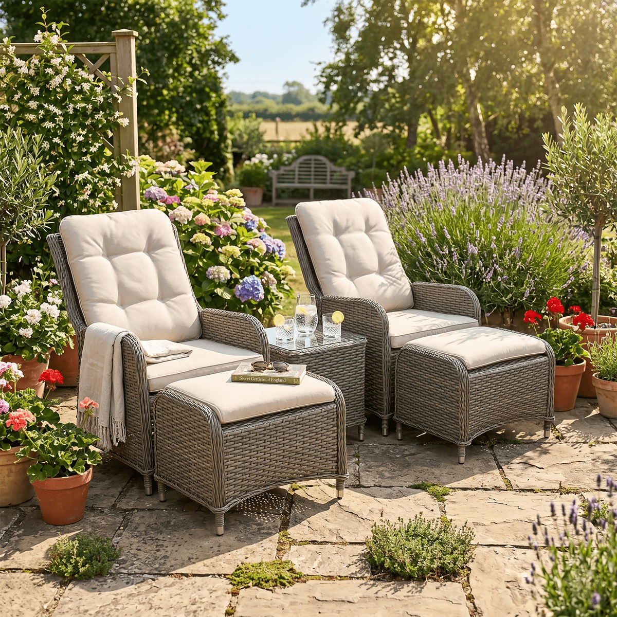 Dellonda Chester Rattan Wicker Outdoor Recliner Loungers & Table Set 5pc - Image 12