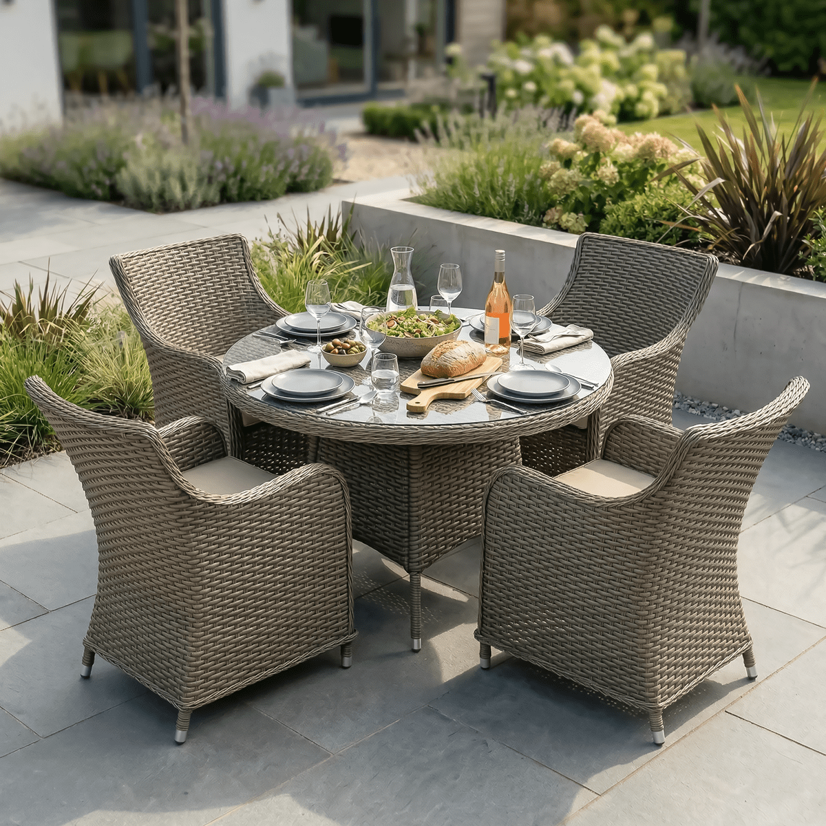Dellonda Chester Rattan Wicker Outdoor Dining Set with Tempered Glass Tabletop 7pc - Image 3