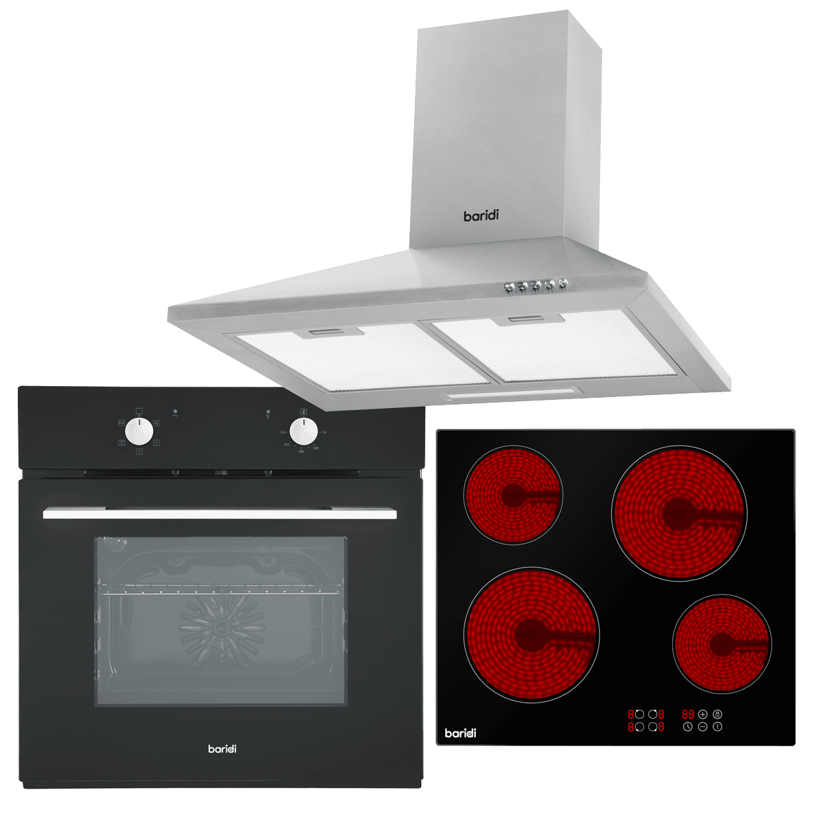 Baridi Integrated Ceramic Hob with 4 Cooking Zones, Integrated Fan-Assisted Electric Oven & Cooker Hood with Carbon Filters