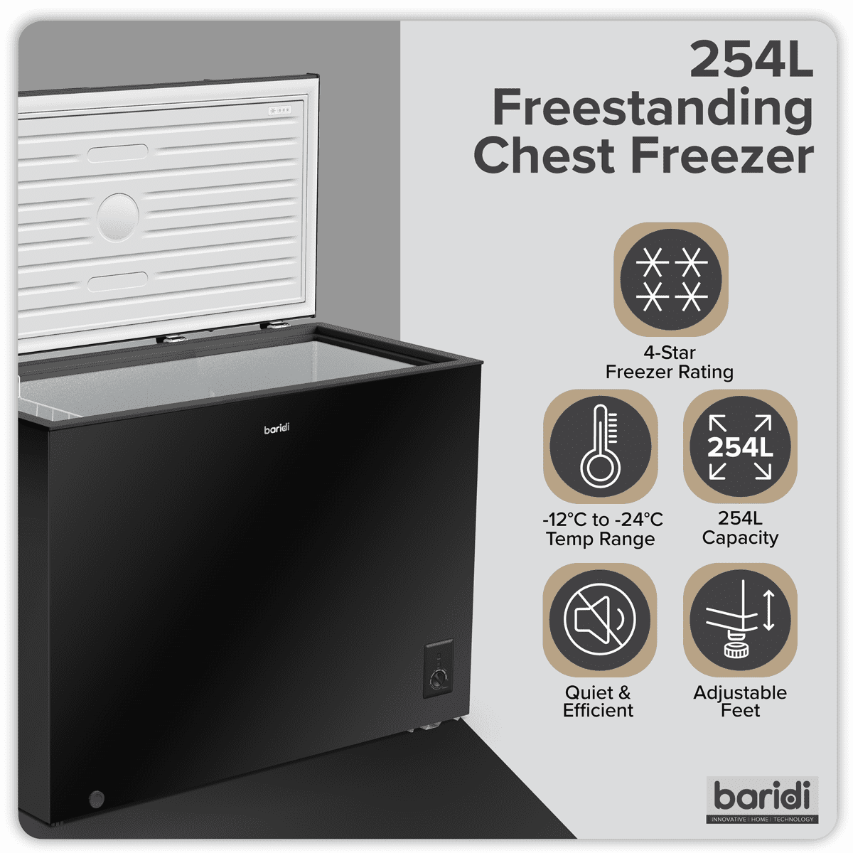 Baridi Freestanding Chest Freezer 254L Capacity - Black - Image 10