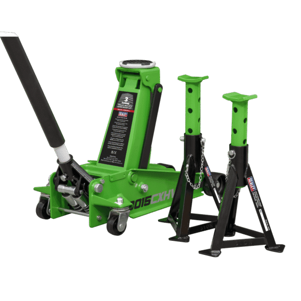 Trolley Jack with Super Rocket Lift 3 Tonne & Axle Stands (Pair) 3 Tonne Capacity per Stand - Green