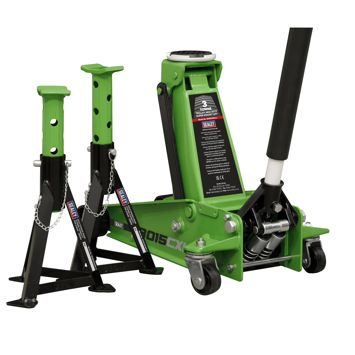 Trolley Jack with Super Rocket Lift 3 Tonne & Axle Stands (Pair) 3 Tonne Capacity per Stand - Green - Image 3