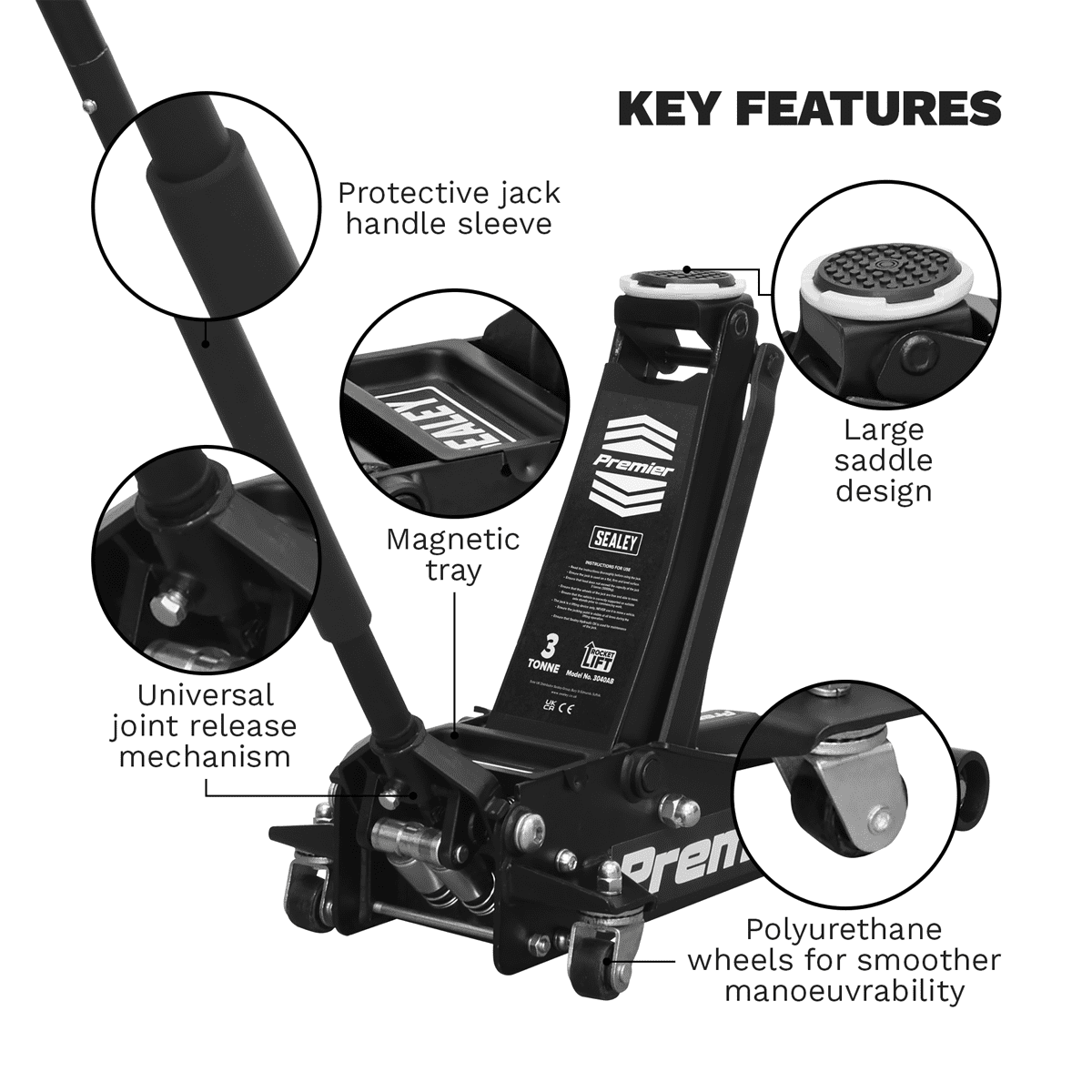 Premier Low Profile Trolley Jack with Rocket Lift 3 Tonne - Black - Image 9