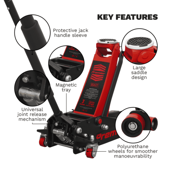 Premier Low Profile Trolley Jack with Rocket Lift 3 Tonne - Red