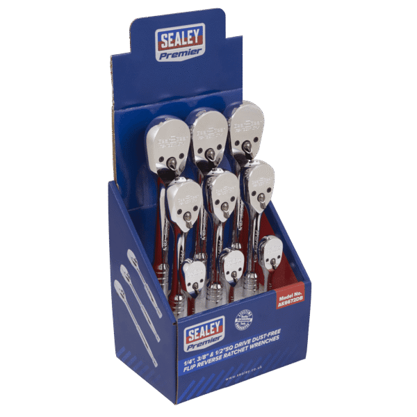 Premier Pear-Head Ratchet Wrenches with Flip Reverse 1/4", 3/8" & 1/2"Sq Drive - Display Box of 9