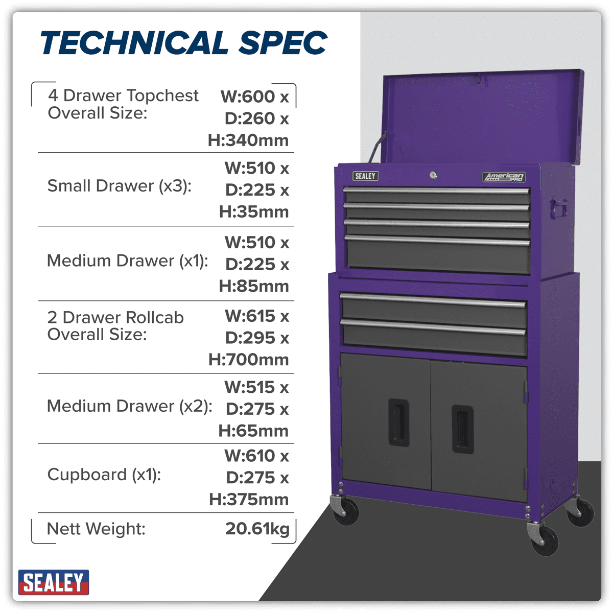 American PRO® Topchest & Rollcab Combination 6 Drawer - Purple/Grey - Image 14