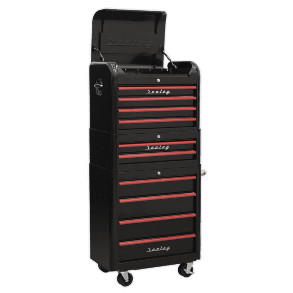 Premier™ Retro Style Topchest, Mid-Box Tool Chest & Rollcab Combination 10 Drawer - Black with Red Anodised Drawer Pulls