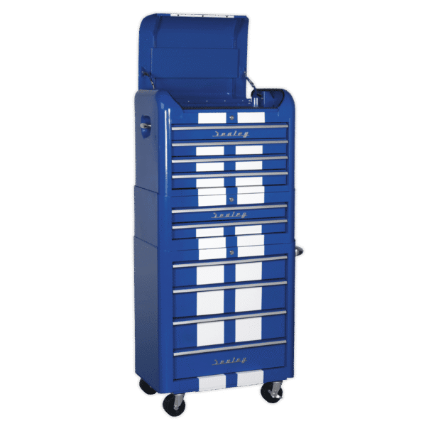 Premier™ Retro Style Topchest, Mid-Box Tool Chest & Rollcab Combination 10 Drawer - Blue with White Stripes