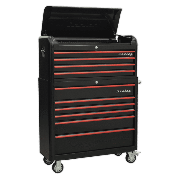 Premier™ Retro Style Wide Topchest & Rollcab Combination 10 Drawer - Black with Red Anodised Drawer Pulls