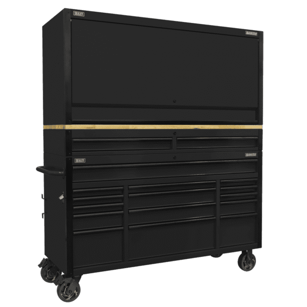 Superline PRO® Black Edition Mobile Trolley with Wooden Worktop 15 Drawer, Hutch & 2 Drawer Riser 1549mm
