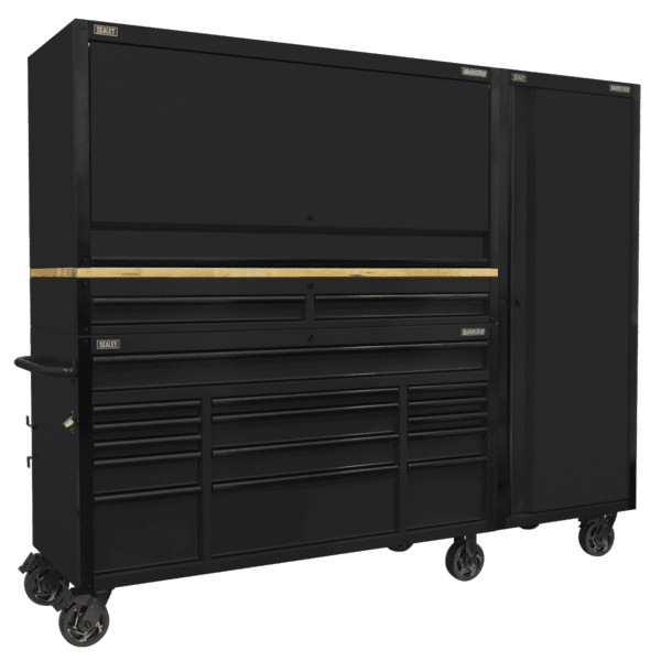 Superline PRO® Black Edition Mobile Trolley with Wooden Worktop 15 Drawer, Hutch, 2 Drawer Riser & Side Locker 1549mm
