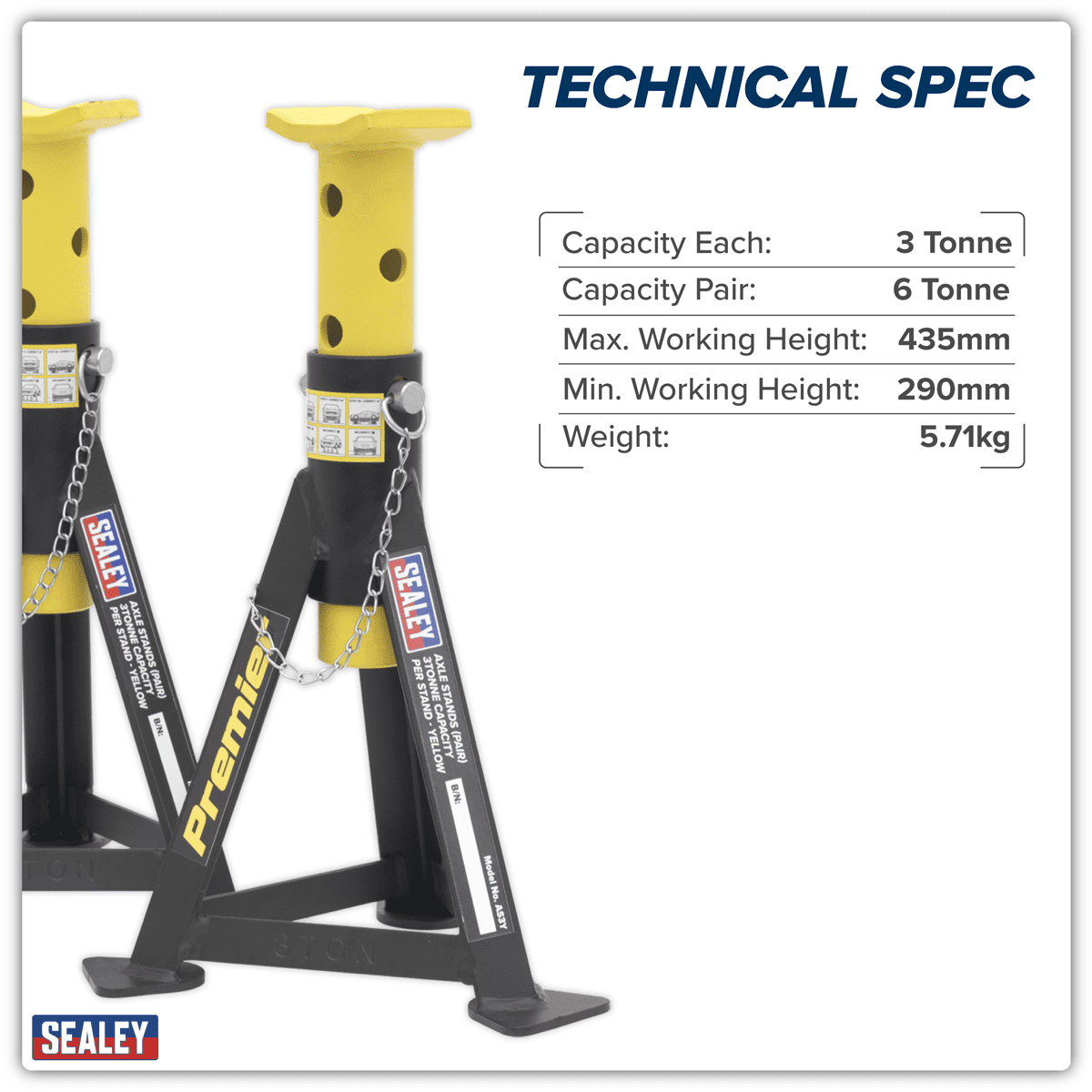 Premier Axle Stands (Pair) 3 Tonne Capacity per Stand - Yellow - Image 5