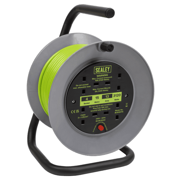 15m Cable Reel with Thermal Trip 4 x 230V - Hi-Vis Green