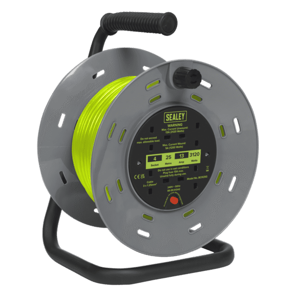 25m Cable Reel with Thermal Trip 4 x 230V - Hi-Vis Green