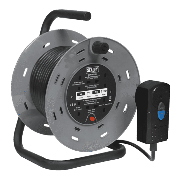 25m Cable Reel with Thermal Trip & RCD Plug 4 x 230V