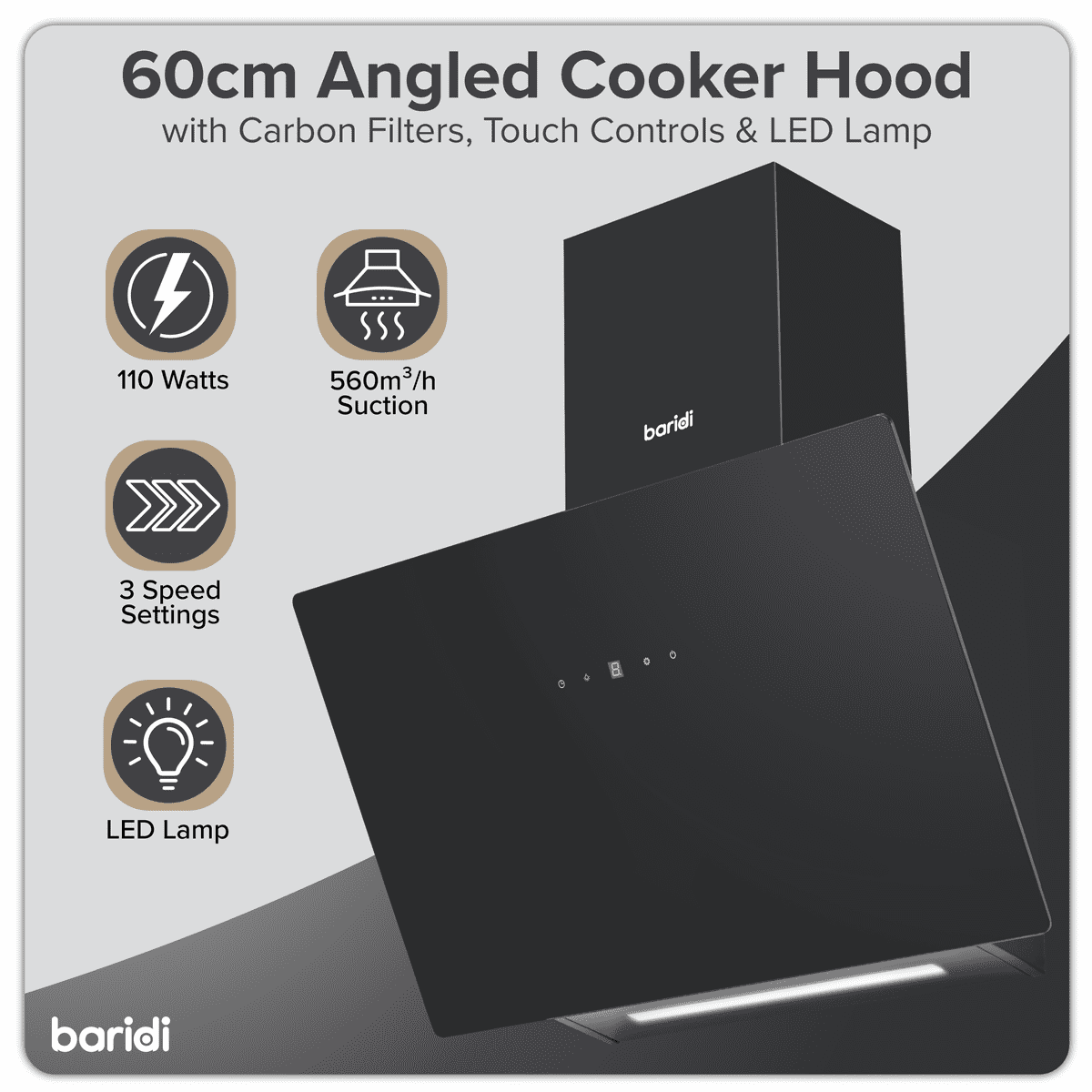 Baridi Angled Chimney Cooker Hood with Touch Controls & Carbon Filters 60cm - Black Glass - Image 9